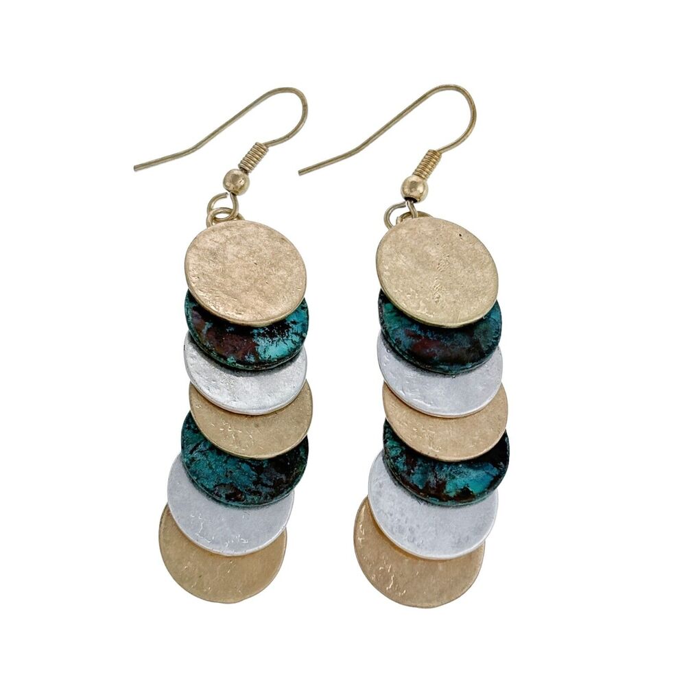 Vintage Gold-Tone Teal Multi-Disc Dangle Earrings